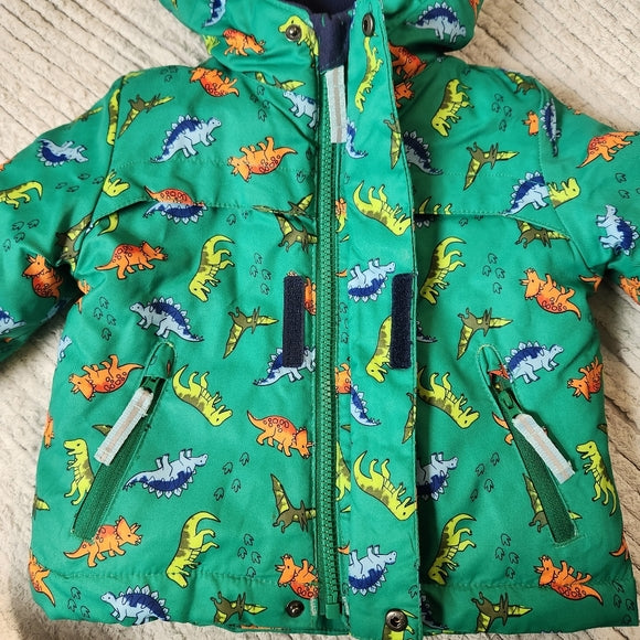 Abrigo Invierno Polar Con Capucha Estampado Dinosaurio Verde Talla 4T