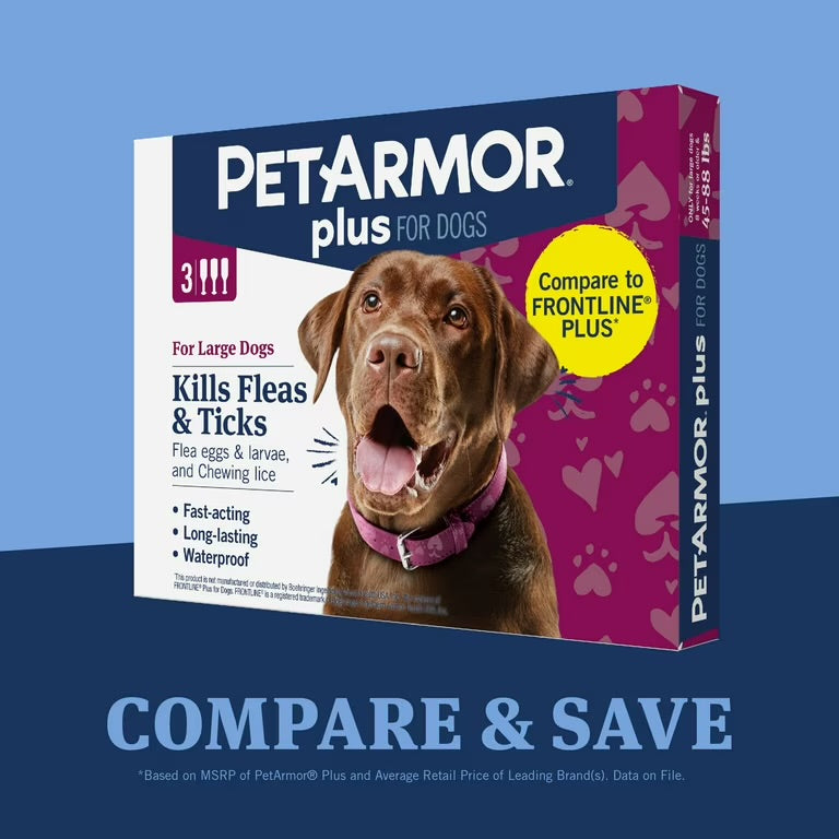 PETARMOR Plus para perros grandes 45-88 libras, prevención de pulgas y garrapatas para perros, suministro para 3 meses