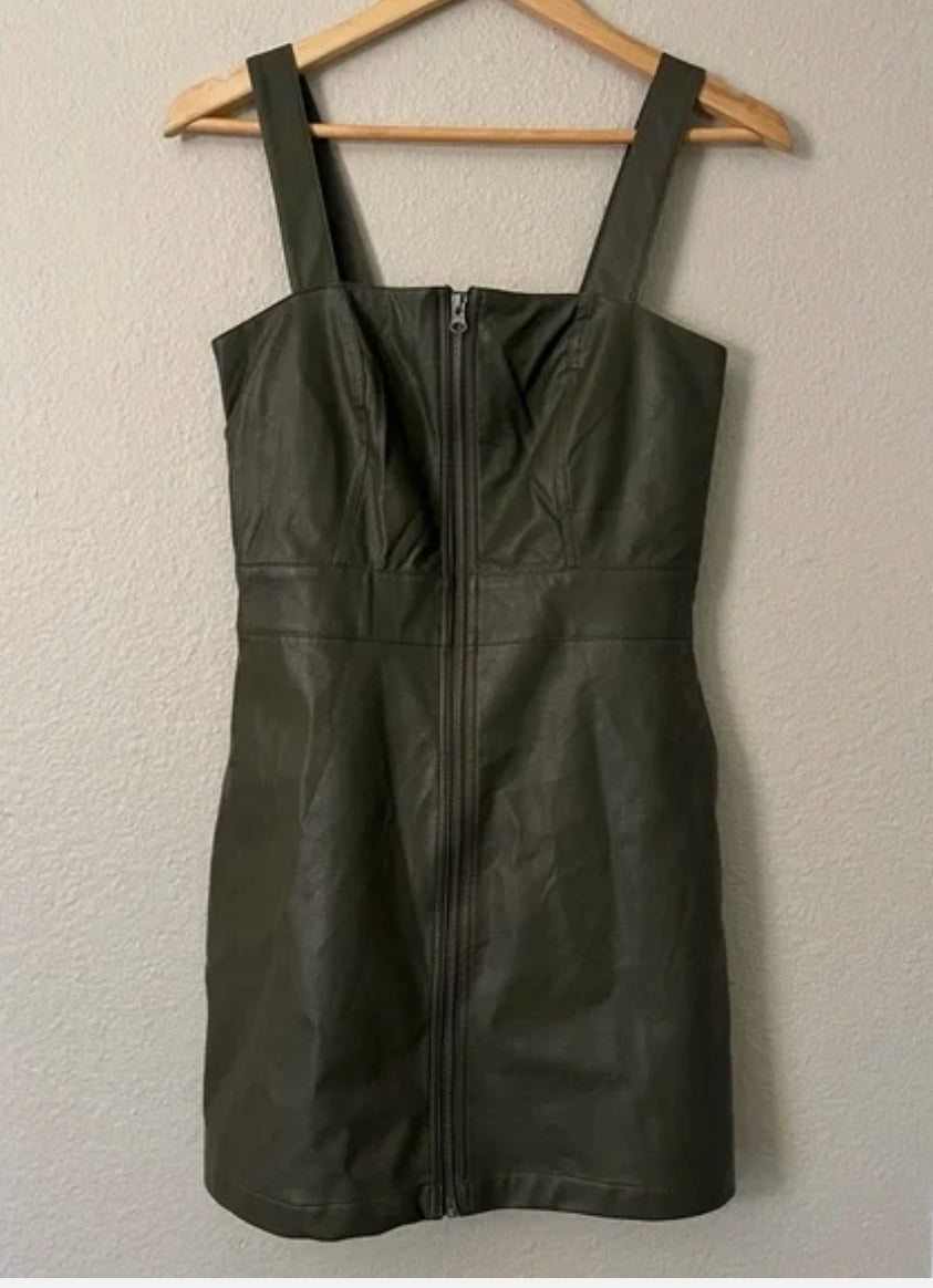 Mini vestido para mujer de cuero sintético con cremallera frontal - verde fábula salvaje talla xs