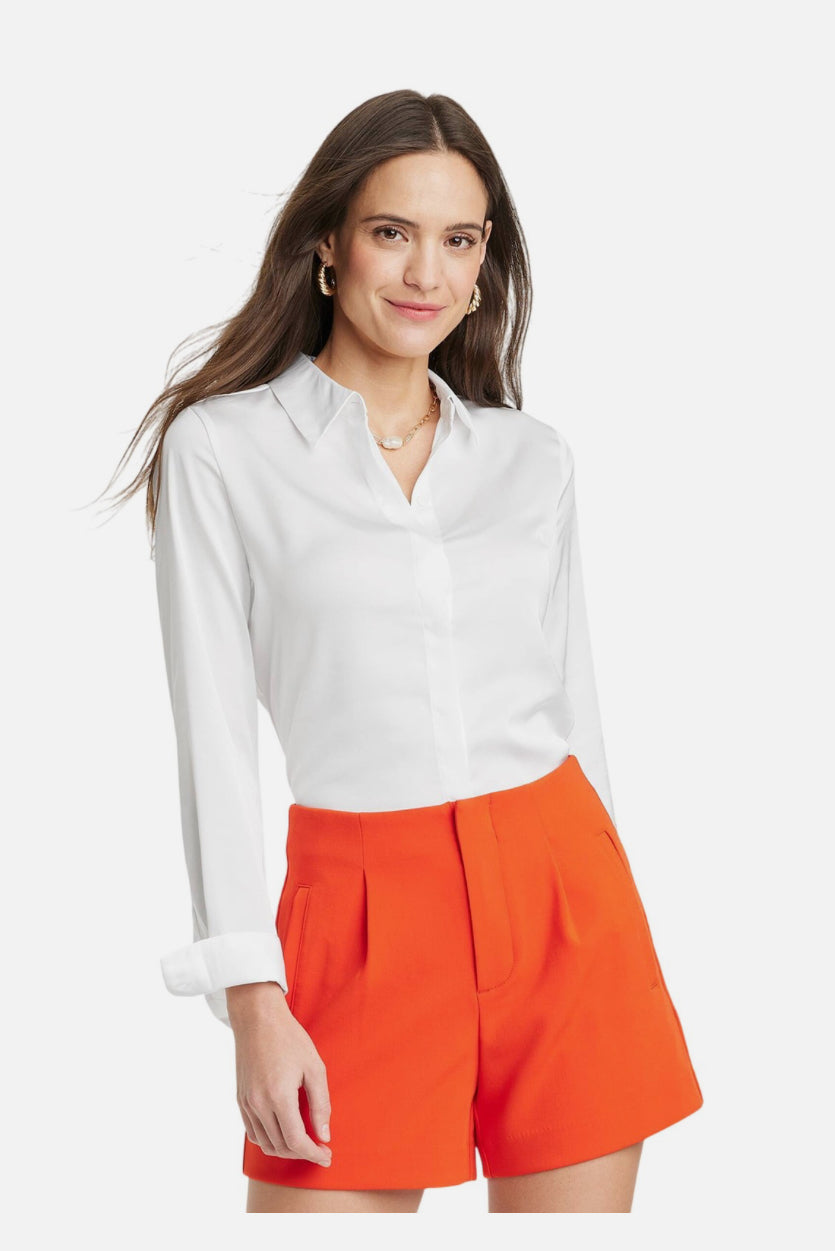 Camisa A New Day Mujer Calce Ajustado Manga Larga Satén Abotonada 89637319 Blanca - talla XS-