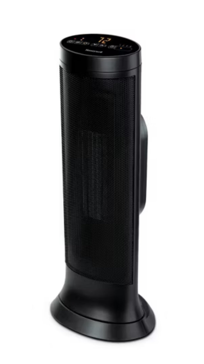 Calentador de torre de cerámica delgado Honeywell negro: calentador de espacio interior, termostato programable, 1500 W, accionado por ventilador, no requiere montaje