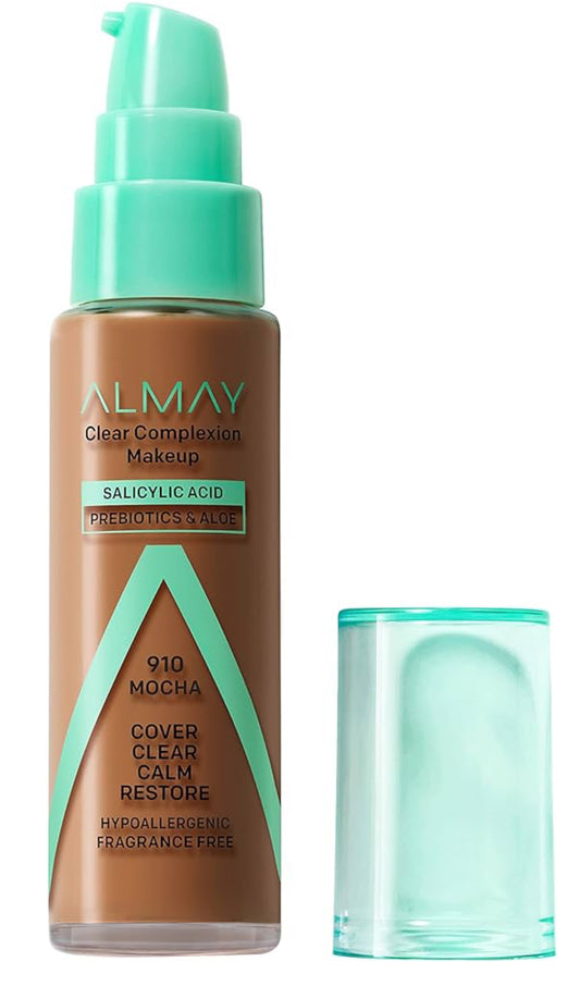 Almay Clear Complexion - Base de maquillaje para acné con ácido salicílico, ligero, cobertura media, hipoalergénico, sin fragancia, para pieles sensibles, moca 910, 1 onza líquida.-Color: 910 Mocha