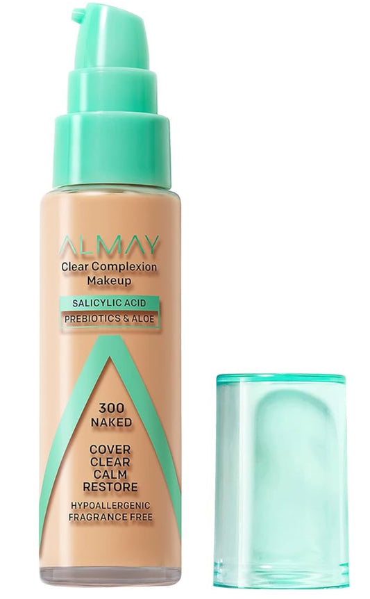 Almay Clear Complexion - Base de maquillaje para acné con ácido salicílico, ligero, cobertura media, hipoalergénico, sin fragancia, para pieles sensibles, 300 desnudos, 1 onza líquida.- Color: 300 Desnudo