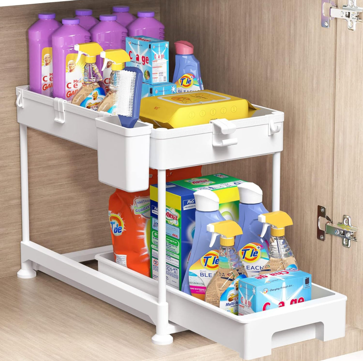 SPACEKEEPER Organizador para debajo del fregadero, organizador de cesta deslizante de 2 niveles para debajo del baño, estante de almacenamiento con ganchos, taza colgante, divisores, disponible en blanco