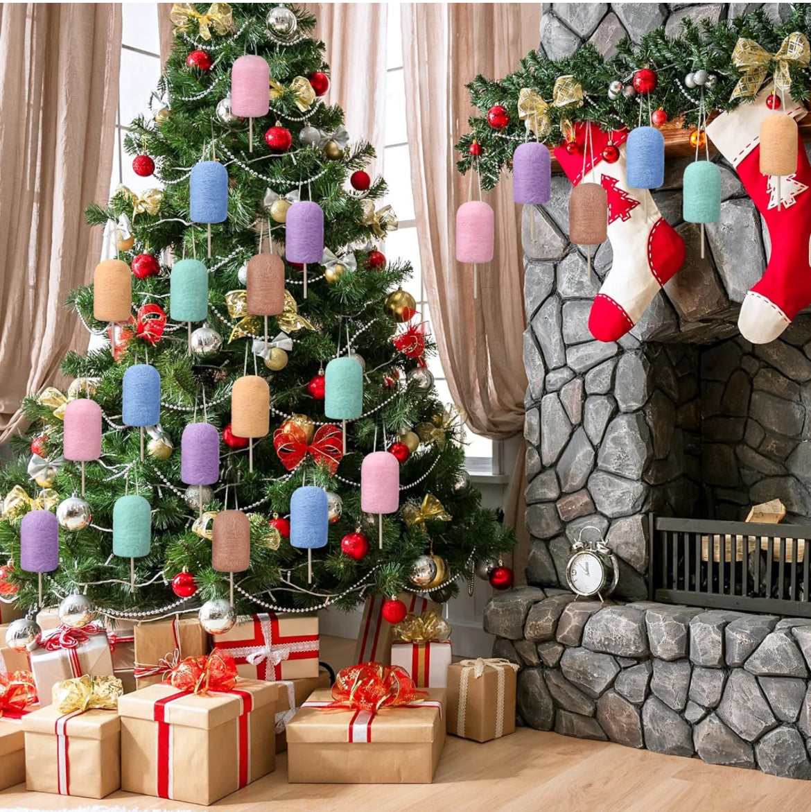 24 piezas de adornos de caramelo para árbol de Navidad, decoración de piruletas de fieltro de Navidad, macarrones, artesanías, adornos colgantes de lana para árbol de Navidad, decoración del hogar, fiesta de vacaciones