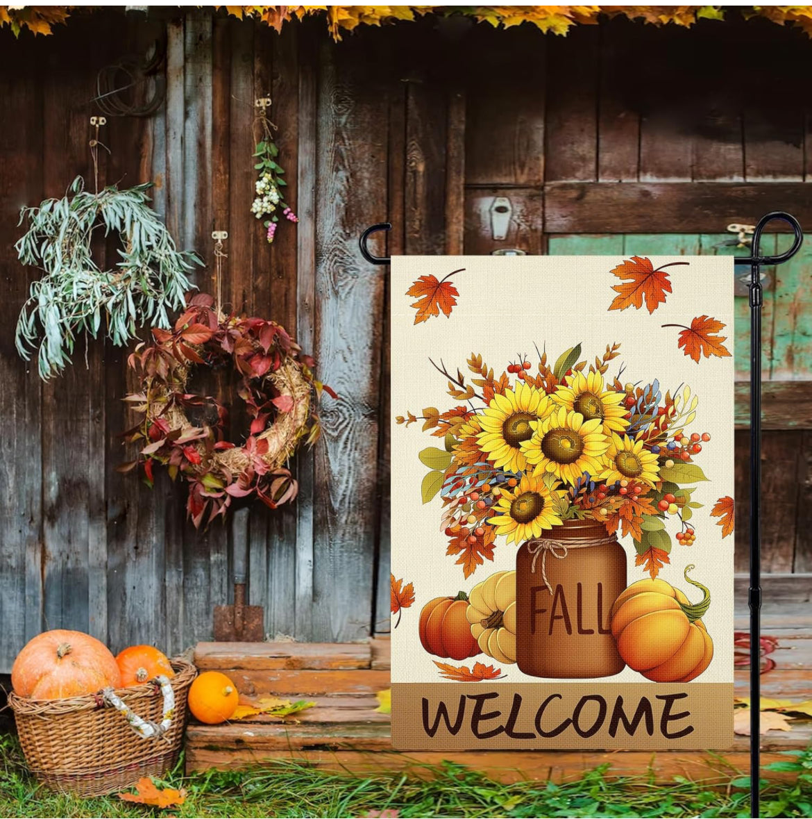 Bandera de jardín de otoño floral de 12 x 18 pulgadas de doble cara con calabazas verticales para decoración de otoño de temporada al aire libre