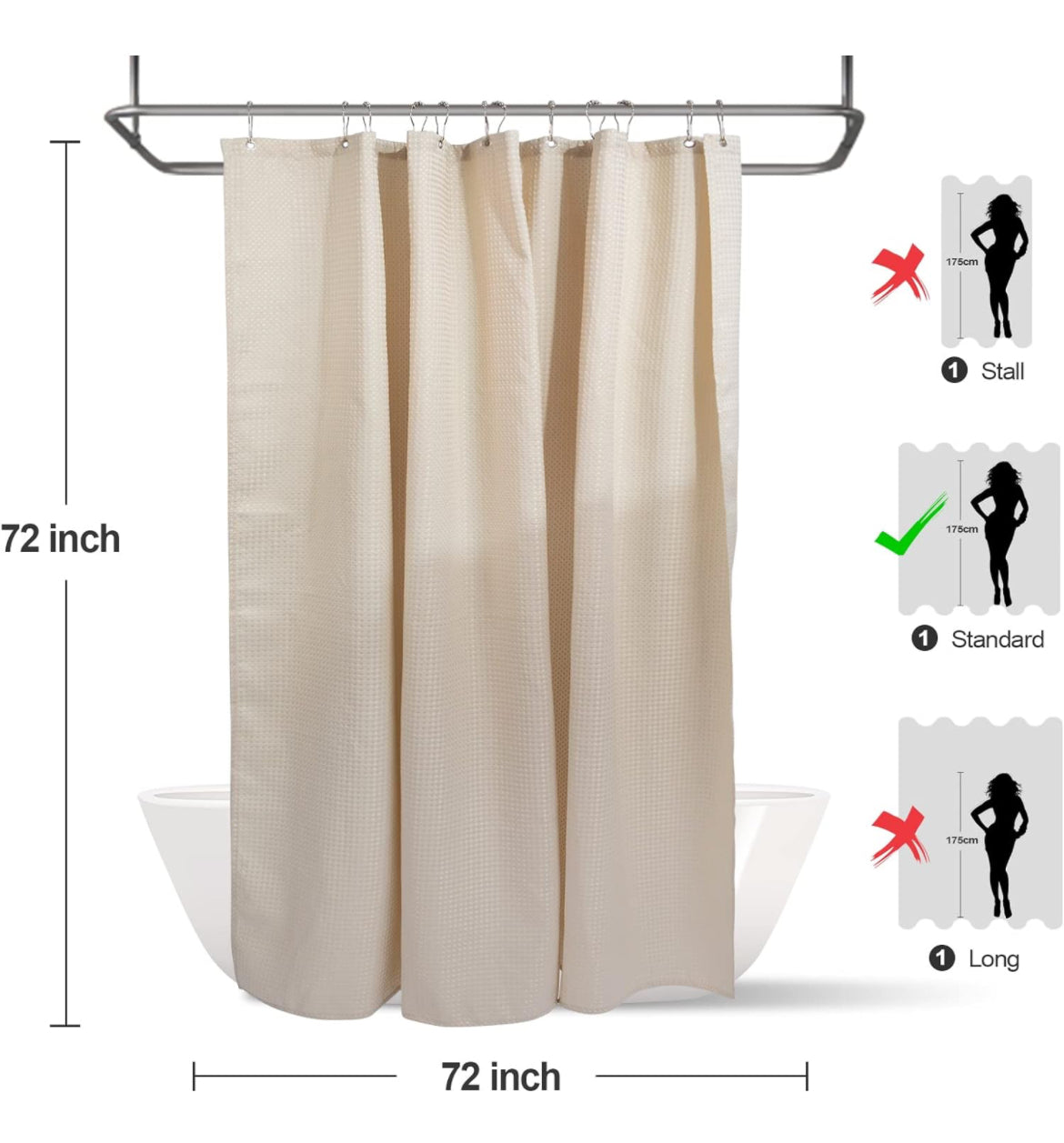 Cortina de ducha de tela gofre, impermeable, tamaño de ducha de 72 x 72 pulgadas, con 12 ganchos, dobladillo largo pesado, lavable a máquina, adecuado para el hogar, hotel, baño, juego de cortinas de baño