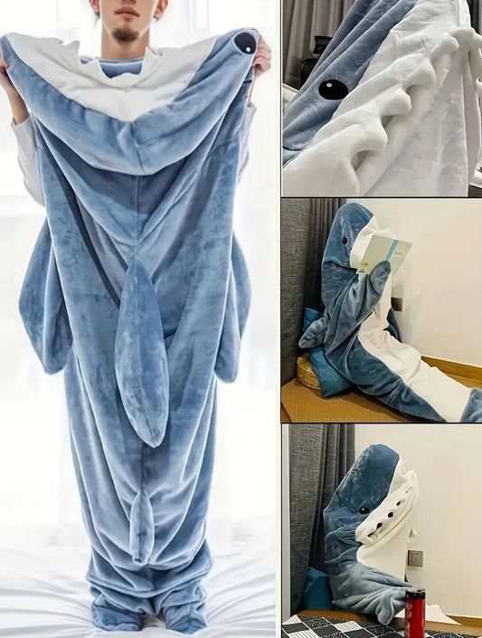 1pc Bata con Capucha de Franela Acogedora con Diseño de Tiburón - Ropa de Dormir Cálida y Suave para Hombres y Mujeres, Azul Claro con Detalles Blancos, Talla L - Lavable a Máquina, Ropa de Estar en Casa de Invierno
