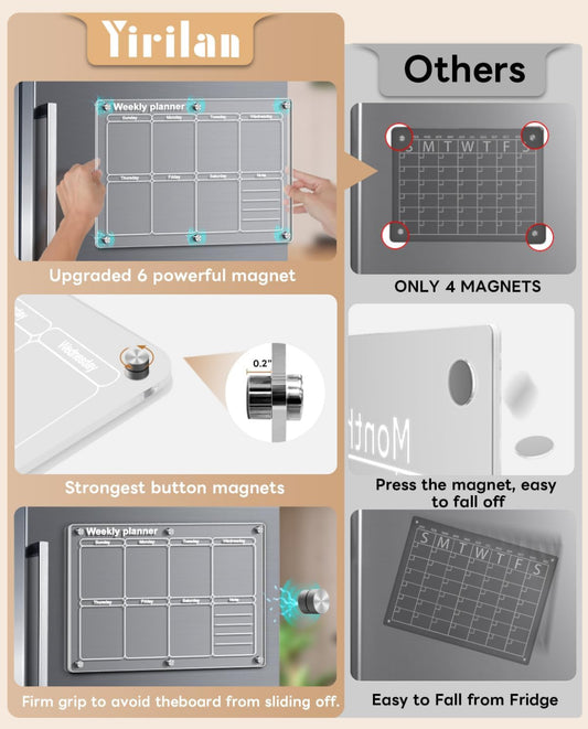 Yirilan Calendario acrílico para refrigerador, pizarra transparente de borrado en seco para refrigerador, calendario magnético de 16 x 12 pulgadas, incluye 6 marcadores de colores Semanal horizontal