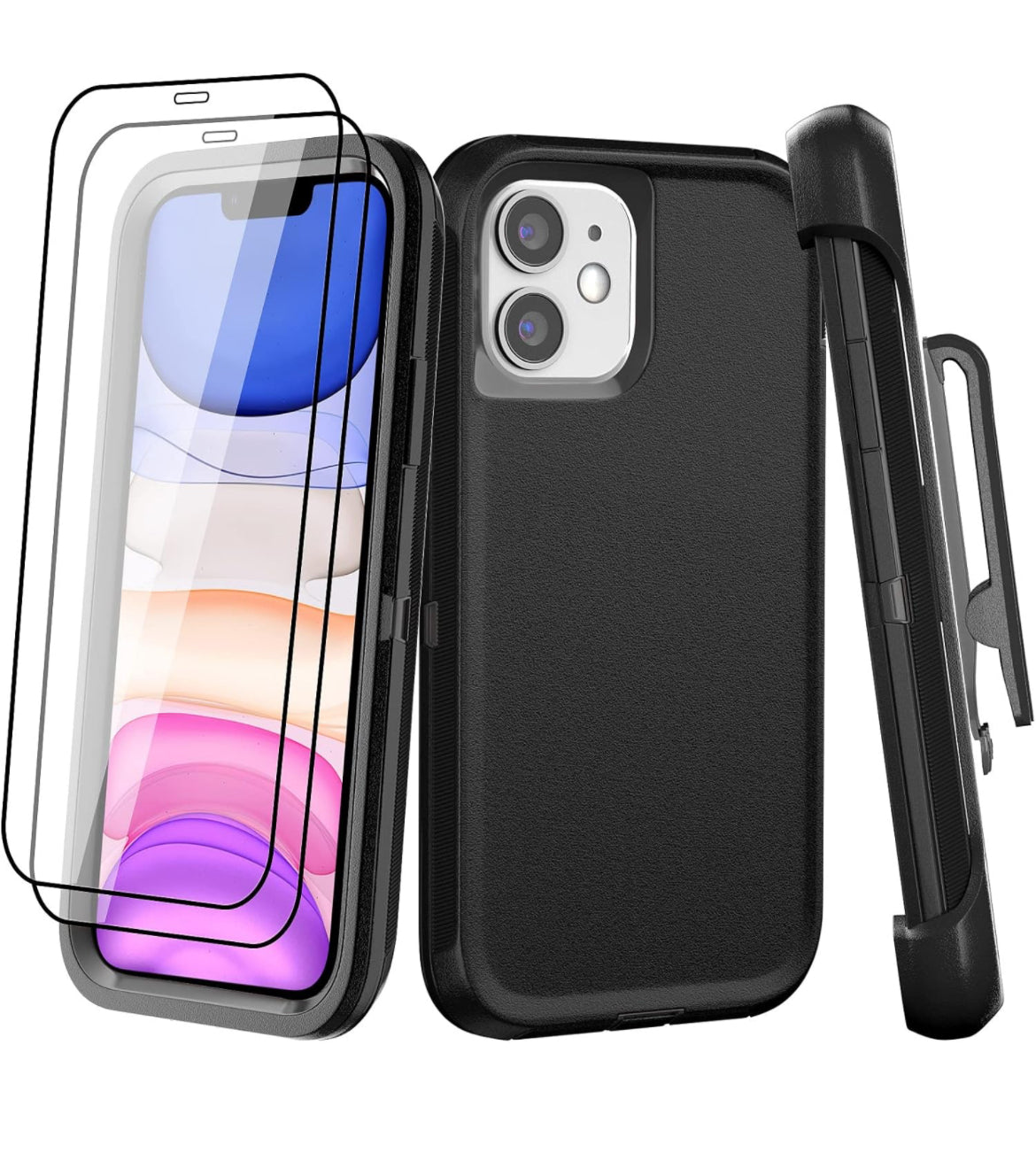 Funda para iPhone 11 (6.1 pulgadas), con 2 protectores de pantalla de vidrio templado, funda de clip para cinturón, [protección resistente contra caídas de grado militar] a prueba de golpes