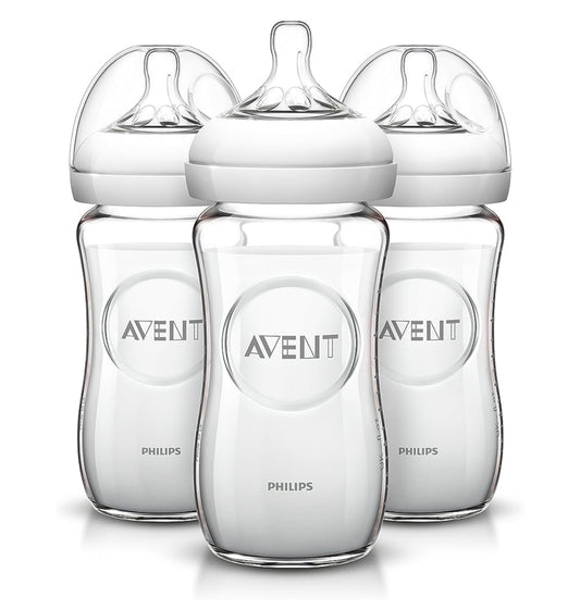 Philips AVENT Biberón de cristal natural con pezón de respuesta natural, transparente, 8oz, 3 pcs