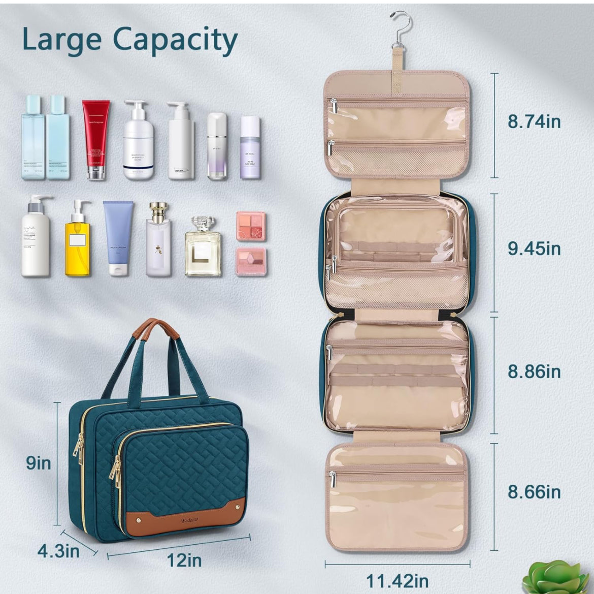 Wedama Neceser para mujer, bolsa de aseo colgante de viaje con compartimento organizador de joyas, bolsa grande de maquillaje, bolsa de viaje impermeable de PVC para viajes, viajes de negocios, camping, baño, azul, Azul