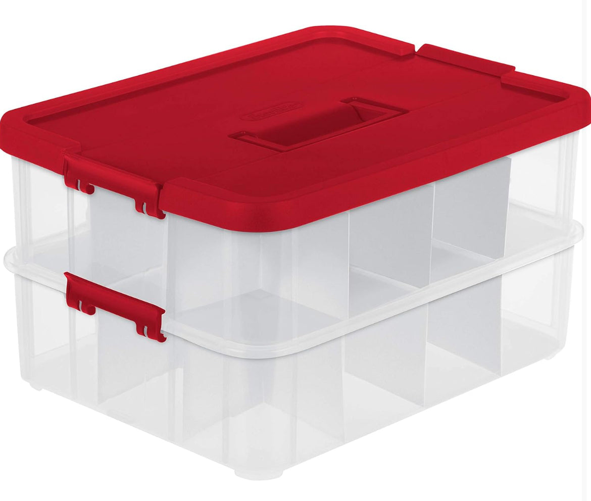 Caja de almacenamiento Stack & Carry de brightroom .Caja de 2 niveles para adornos, con asa y tapa roja, caja transparentes (2 unidades) ( capacidad 24 adornos )