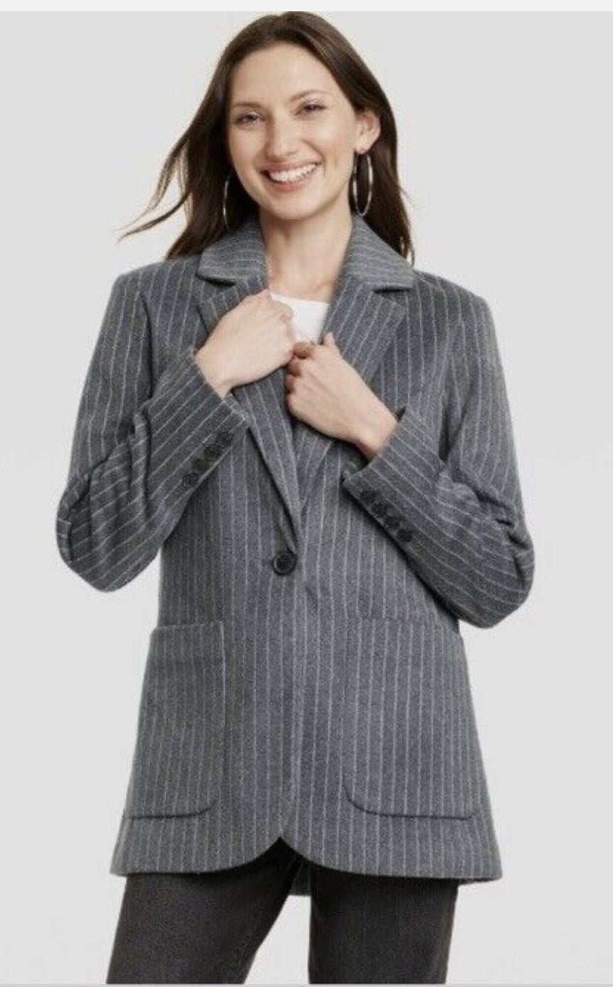 Blazer Para mujeres Calce Relajado Lana - Gris rayas blancas - TallaL - Universal Thread