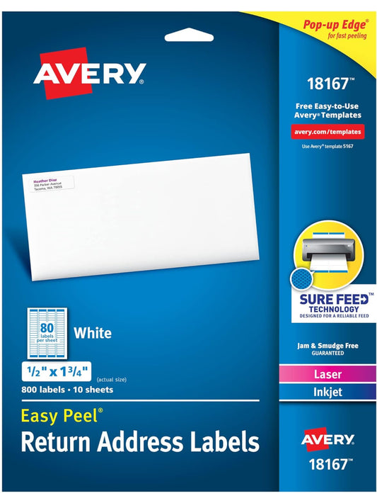 Avery 18167 Etiqueta de dirección de retorno láser/inyección de tinta 1/2 pulgadas X1/3/4 pulgadas 800/Pk blanco