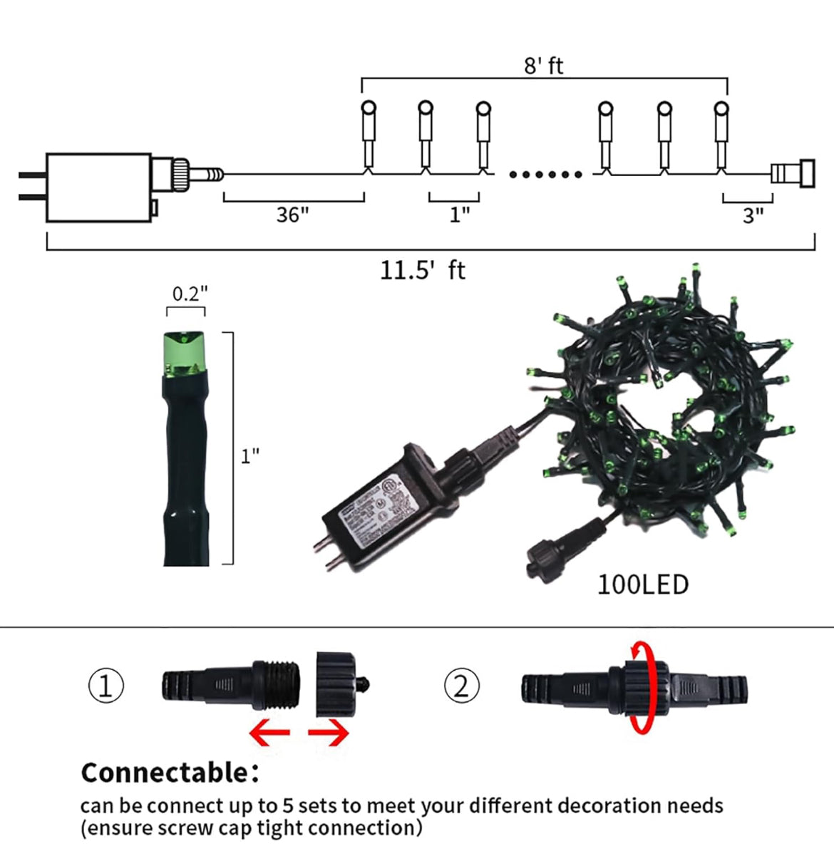 Luces LED verdes de Navidad, mini tira de luces verdes enchufables, 8 modos de luces verdes de Navidad al aire libre para árbol de decoración de fiesta del día de San Patricio, 100 LED de 8 pies