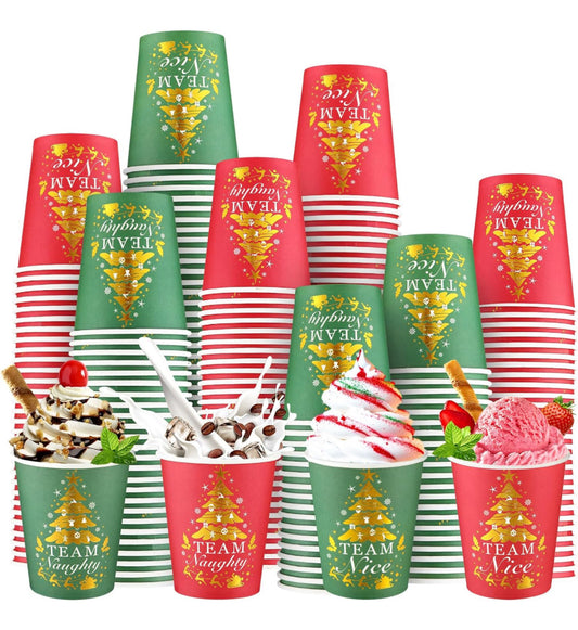 300 vasos de papel de Navidad, vasos de café desechables de Navidad, suministros de fiesta para bebidas calientes y frías, decoración de tazas de café rojo y verde (9 onzas)