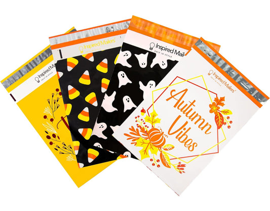 Inspired Mailers - Sobres de polietileno de otoño de 10 x 13 pulgadas, paquete variado de 40-10 cada uno: maíz dulce, fantasmas de Halloween, agradecimiento de otoño, vibraciones de otoño - Sobres de envio