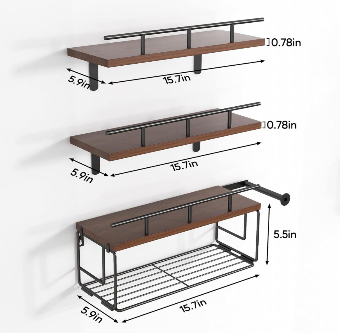 Estantes flotantes Teblei con cesta de almacenamiento de alambre [3+1 nivel], estantes de decoración de pared de granja, estantes de pared de baño con soporte de papel higiénico y barandilla de metal | Madera de pino macizo, marrón