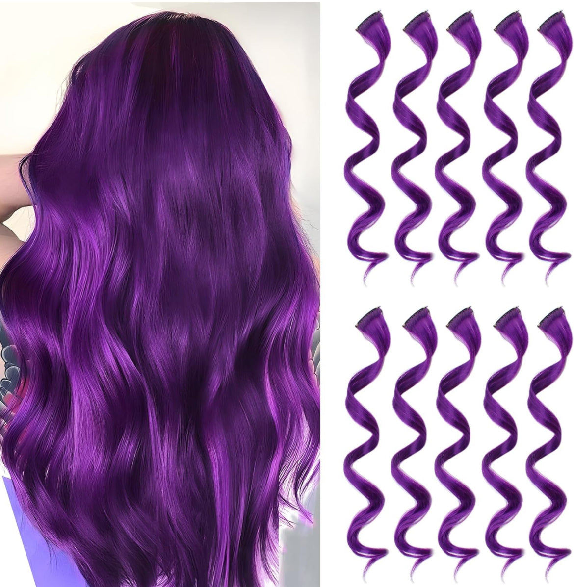 10 extensiones de cabello morado, rizado, ondulado, sintético, con clip en arco iris neón para fiesta, accesorios de cabello coloridos para niños, niñas y mujeres