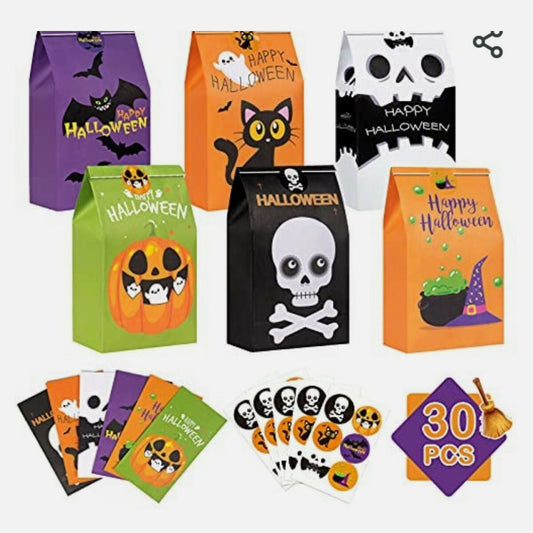 Bolsas de golosinas de Halloween, 30 PIEZAS bolsas de papel con pegatinas, 6 estilos de Halloween.