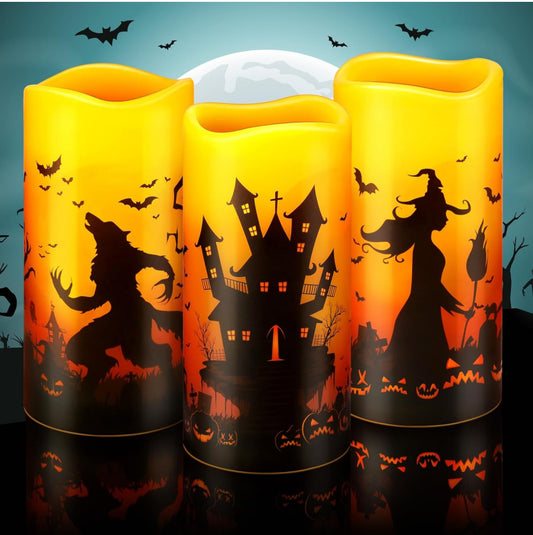 Velas LED sin llama de Halloween, 3 unidades, decoración de Halloween, funciona con pilas, juego de 3 velas rústicas de pilar de cera real con brujas, hombres lobo, murciélagos, castillos, bosques