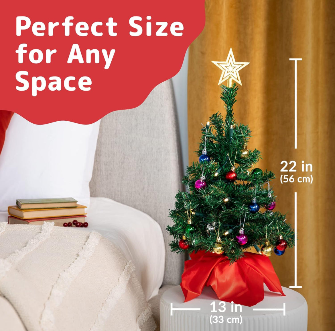 Prextex Mini árbol de Navidad de 22 pulgadas con luces, adornos y regalos, pequeño árbol de Navidad con luces, decoración de mesa de Navidad, árbol de Navidad blanco, blanco cálido, verde