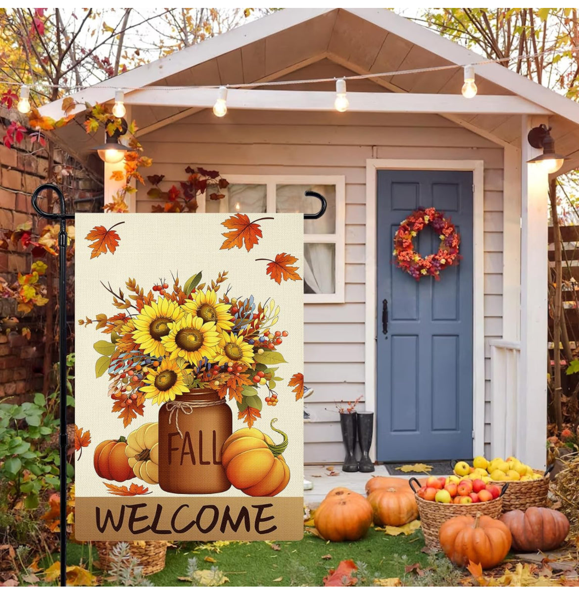 Bandera de jardín de otoño floral de 12 x 18 pulgadas de doble cara con calabazas verticales para decoración de otoño de temporada al aire libre