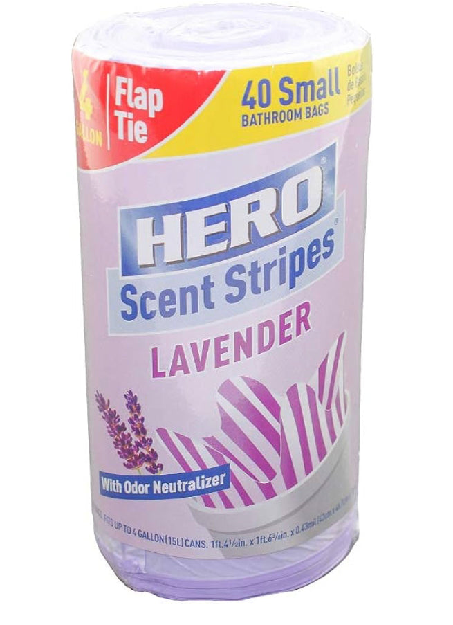 Hero Lavender Scent Stripes Flap Tie Bolsas de basura pequeñas, 4 galones, 40 unidades