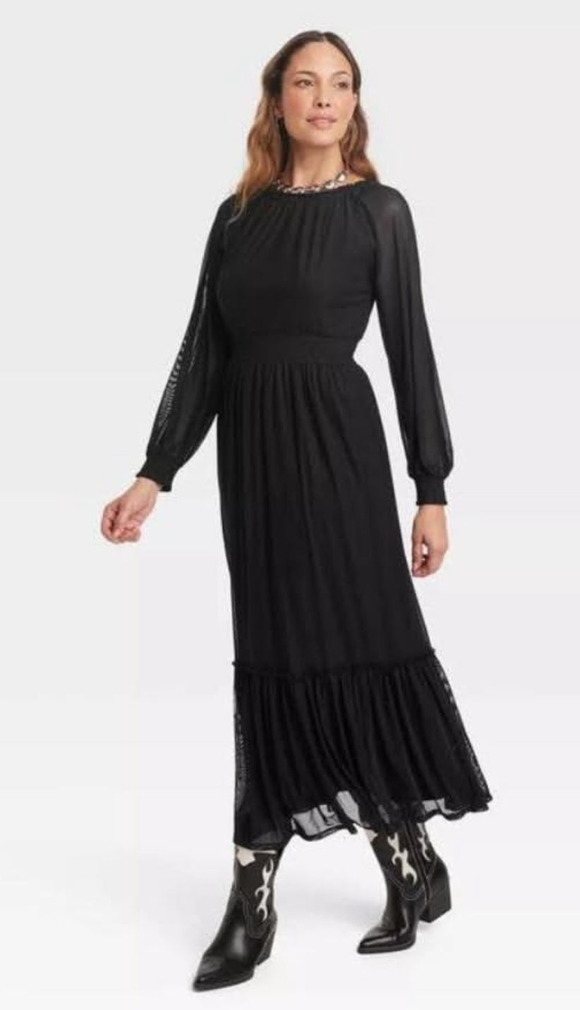 Maxi Vestido Knox Rosa Mujer talla XS Negro Manga Larga Volantes Cuello Plisado Línea A Modesto