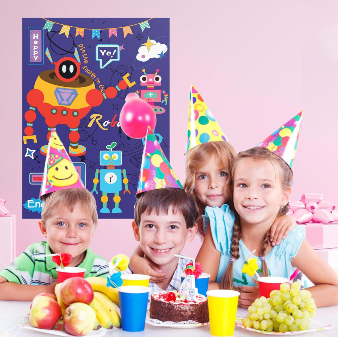 Pin The Tail - Juegos de fiesta de cumpleaños, juego de fiesta de robot de 21 x 28 pulgadas, 24 calcomanías reutilizables, juegos de fiesta para niños, juegos de fiesta para niños (robot)