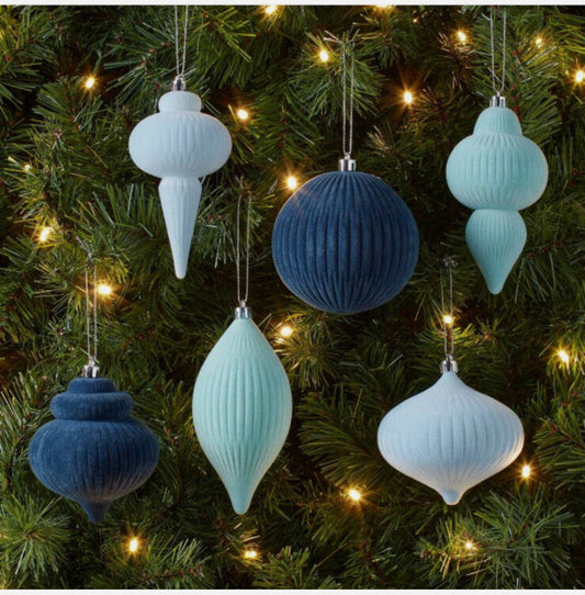 Adornos de terciopelo azul/árbol de Navidad flocado irrompibles 6 piezas por Wondershop-