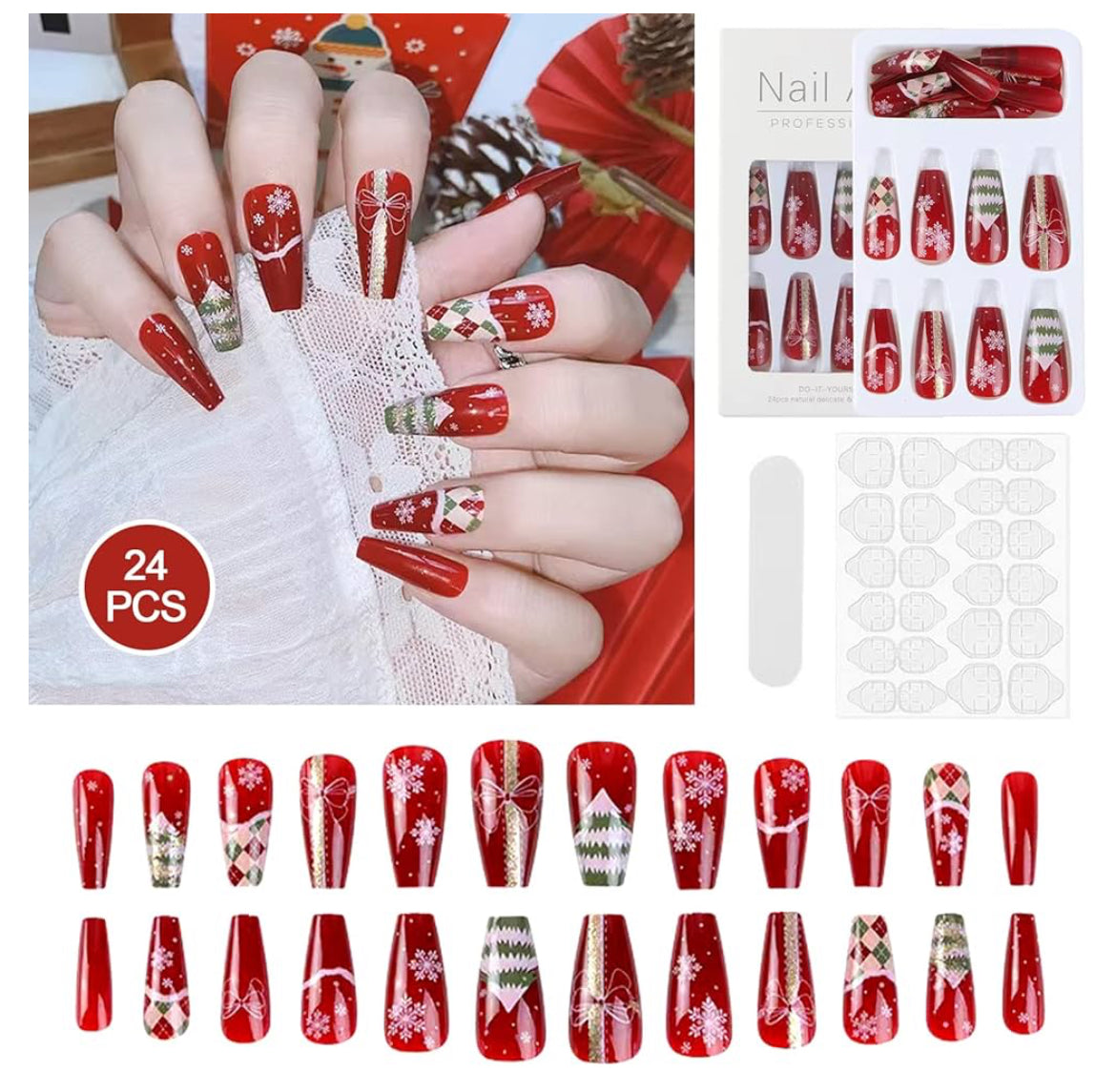 24 uñas postizas de Navidad, uñas cortas a presión, de cobertura completa, con 24 pestañas adhesivas