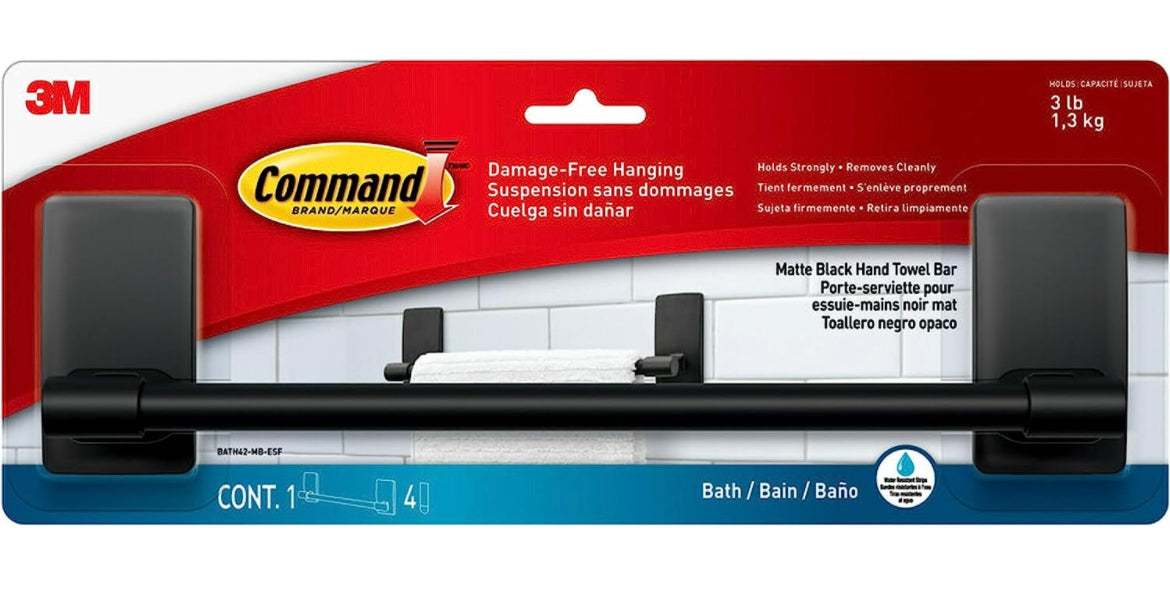 Command Toallero de mano negro mate con tiras Command resistentes al agua, decoración de baño, 9 pulgadas de longitud de barra con capacidad para hasta 3 libras