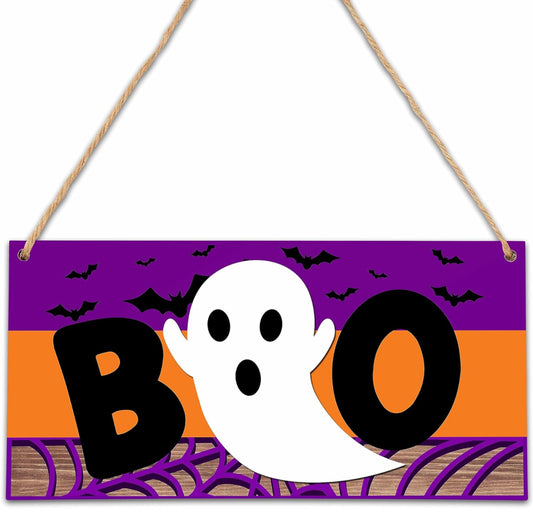 Letrero colgante de madera de Halloween, boo fantasma de Halloween, placas colgantes de madera para puerta delantera, suministros de decoración al aire libre para fiesta de Halloween