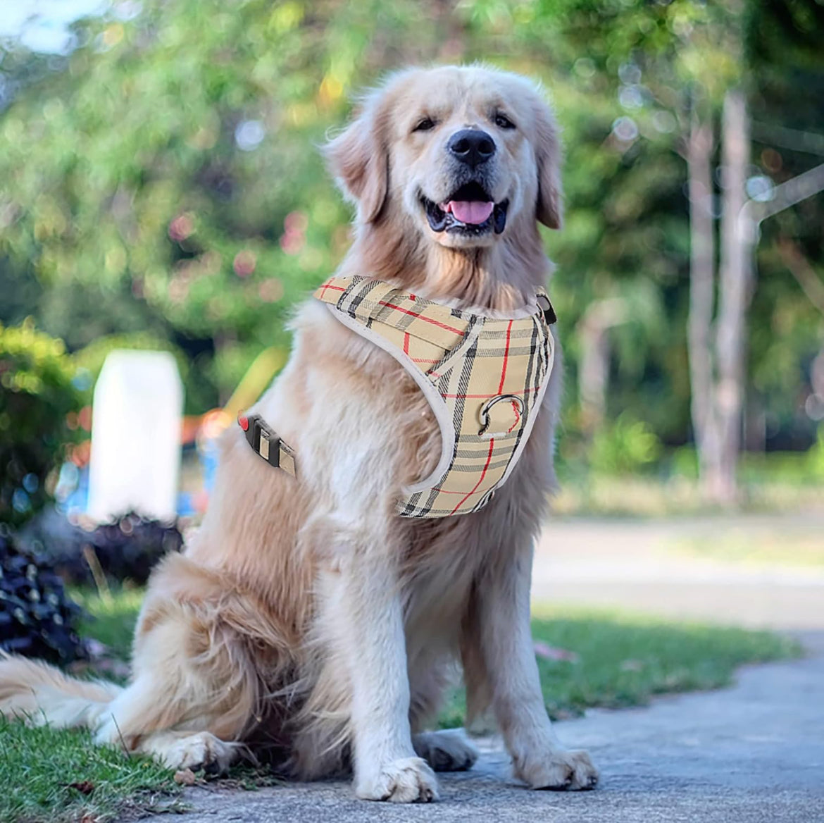 Arnés sin tirones para perro, con correa y cuello, arnés ajustable de chaleco reflectante Oxford sin estrangulamiento, arnés suave para perros pequeños, medianos y grandes, arnés de fácil control (caqui a cuadros, L)