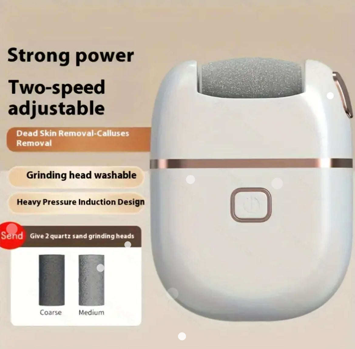 Exfoliador Eléctrico Recargable para Pies para Eliminar Grietas y Pulir Cutículas Gruesas de Color Beige, con 2 Cabezales de Repuesto, 2 Velocidades, Carga USB Portátil, Adecuado para el Cuidado de Manos y Pies