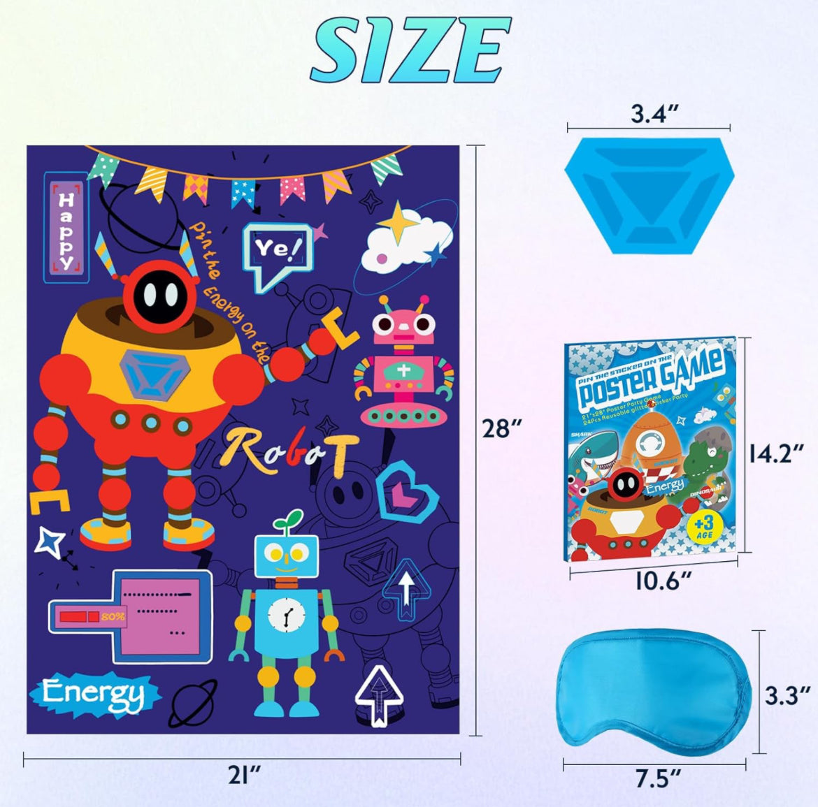 Pin The Tail - Juegos de fiesta de cumpleaños, juego de fiesta de robot de 21 x 28 pulgadas, 24 calcomanías reutilizables, juegos de fiesta para niños, juegos de fiesta para niños (robot)