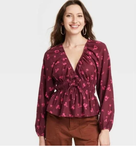 Top Babydoll de mujer, lino rojo, rayón, cuello en V, manga larga- universal Thread- talla Xl