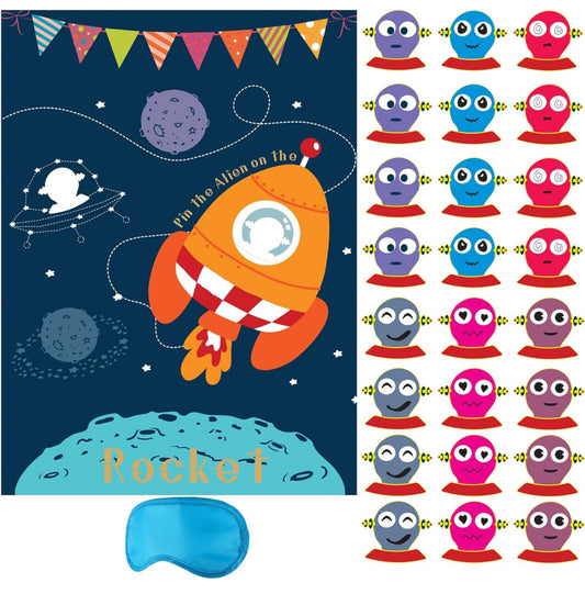 Pin The Alien - Juego de fiesta de cumpleaños de 21 x 28 pulgadas, 24 calcomanías de alienígenas reutilizables, juegos de fiesta para niños, juegos de fiesta para niños (cohete)