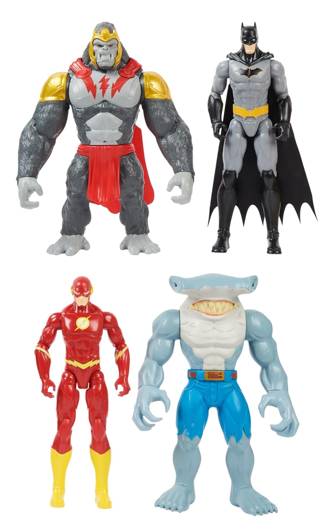 DC Comics, Batman vs. Gorilla Grodd - Figuras de acción de 11.8 in (Batman, The Flash, Gorilla Grodd, King Shark), juguetes para niños y niñas de 3 años en adelante