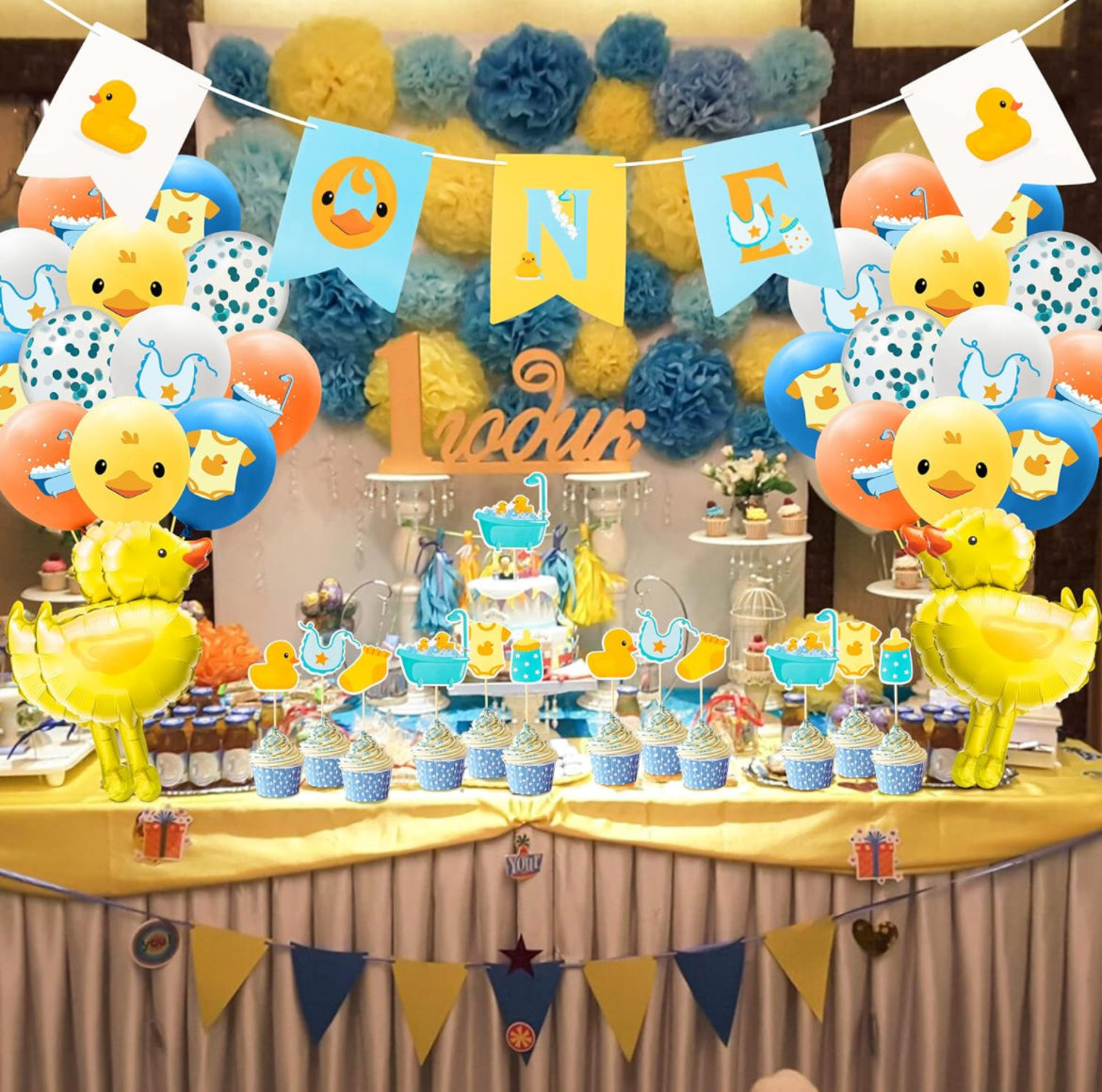 Kit de decoración de globos de pato amarillo, 37 unidades, una pancarta colgante de 12 pulgadas, globo de látex azul, amarillo y blanco, globos de papel de aluminio de pato amarillo, decoración de pastel para niños, primer cumpleaños, recién nacido, baby