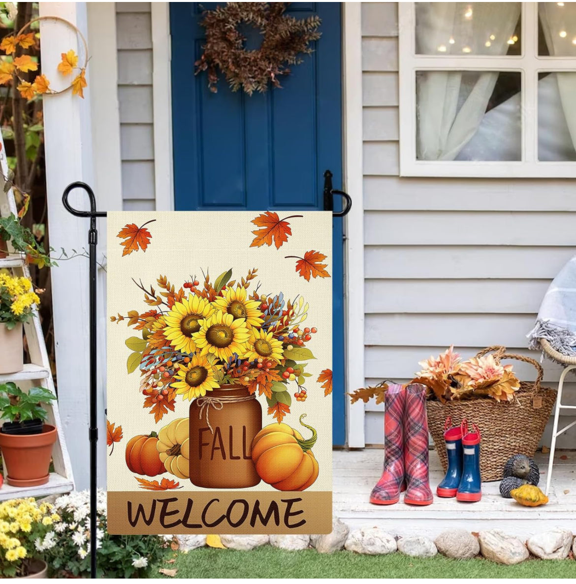 Bandera de jardín de otoño floral de 12 x 18 pulgadas de doble cara con calabazas verticales para decoración de otoño de temporada al aire libre