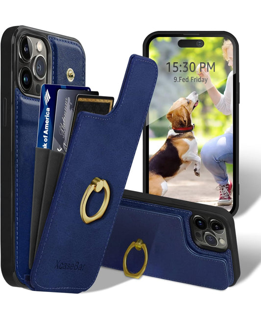 XcaseBar Funda tipo cartera para iPhone 14 Pro de 6.1 pulgadas con soporte de anillo de rotación de 360°. Bloqueo RFID, soporte para tarjetas de crédito, funda de piel sintética para teléfono para mujeres y hombres, funda para Apple 14 Pro, color azul