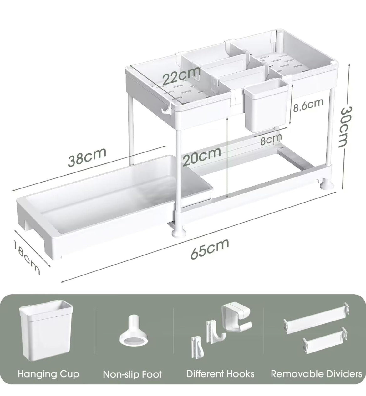 SPACEKEEPER Organizador para debajo del fregadero, organizador de cesta deslizante de 2 niveles para debajo del baño, estante de almacenamiento con ganchos, taza colgante, divisores, disponible en blanco