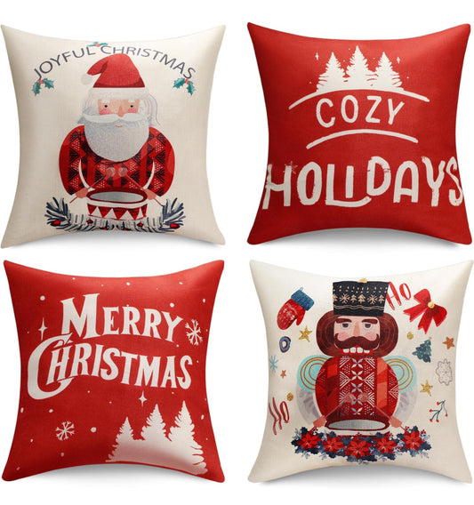 Juego de 4 fundas de almohada decorativas con diseño de cascanueces de Feliz Navidad, 18 x 18 pulgadas, juego de 4 fundas de cojín acogedoras con tallo de acebo de Papá Noel, decoración navideña para sofá o decoración del hogar