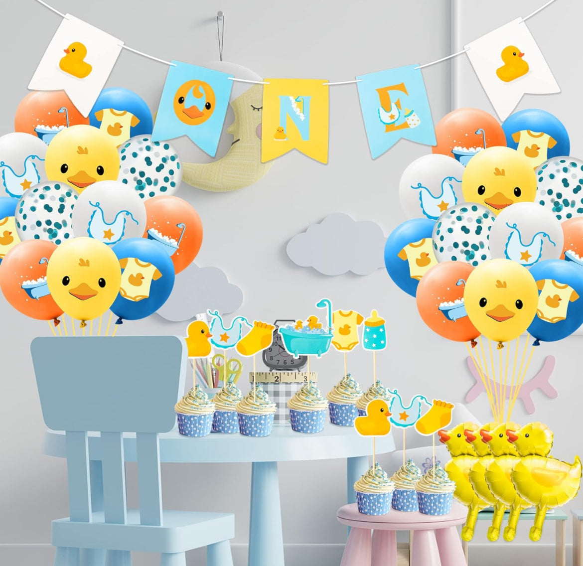 Kit de decoración de globos de pato amarillo, 37 unidades, una pancarta colgante de 12 pulgadas, globo de látex azul, amarillo y blanco, globos de papel de aluminio de pato amarillo, decoración de pastel para niños, primer cumpleaños, recién nacido, baby