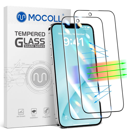 MOCOLL - 2 protectores de visualización para iPhone 14 de 6.1 pulgadas, antiluz azul HD, transparente de visualización completa, protección ocular fácil de instalar, dureza 9H, antiarañazos, vidrio templado sin burbujas