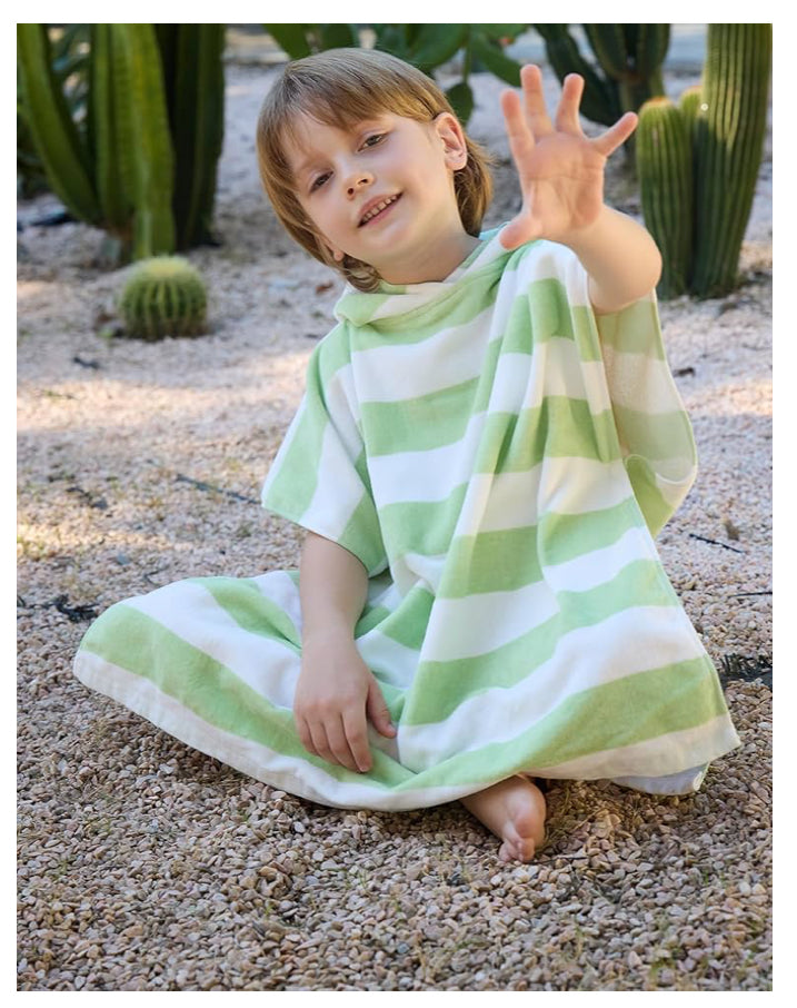 Toalla de baño tipo poncho con capucha, ultra suave y absorbente, toalla de playa de algodón a rayas de algodón para niños de 2 a 6 años (2-6, verde)