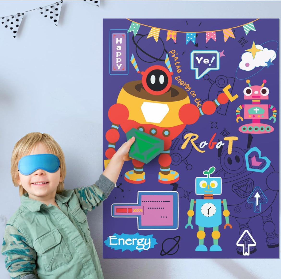 Pin The Tail - Juegos de fiesta de cumpleaños, juego de fiesta de robot de 21 x 28 pulgadas, 24 calcomanías reutilizables, juegos de fiesta para niños, juegos de fiesta para niños (robot)